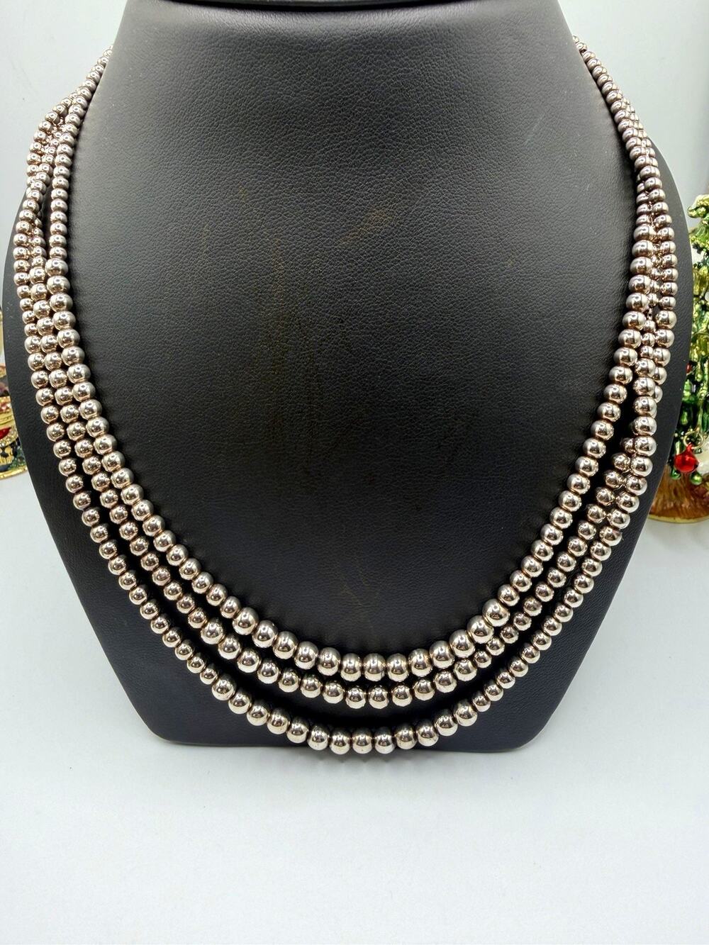 925 Italy Sterling Silver 3 Strand Graduated Bead Necklace 48g Statement